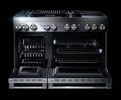 An opened JennAir Range. The interior is empty.